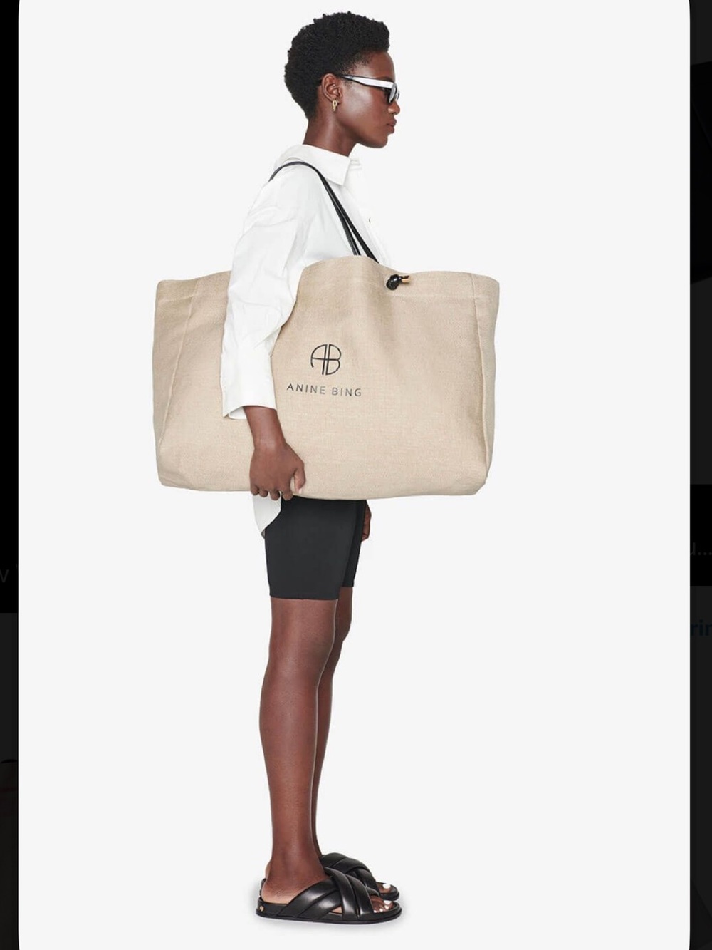 Anine Bing Natural Beige Canvas Logo Tote with Black Straps